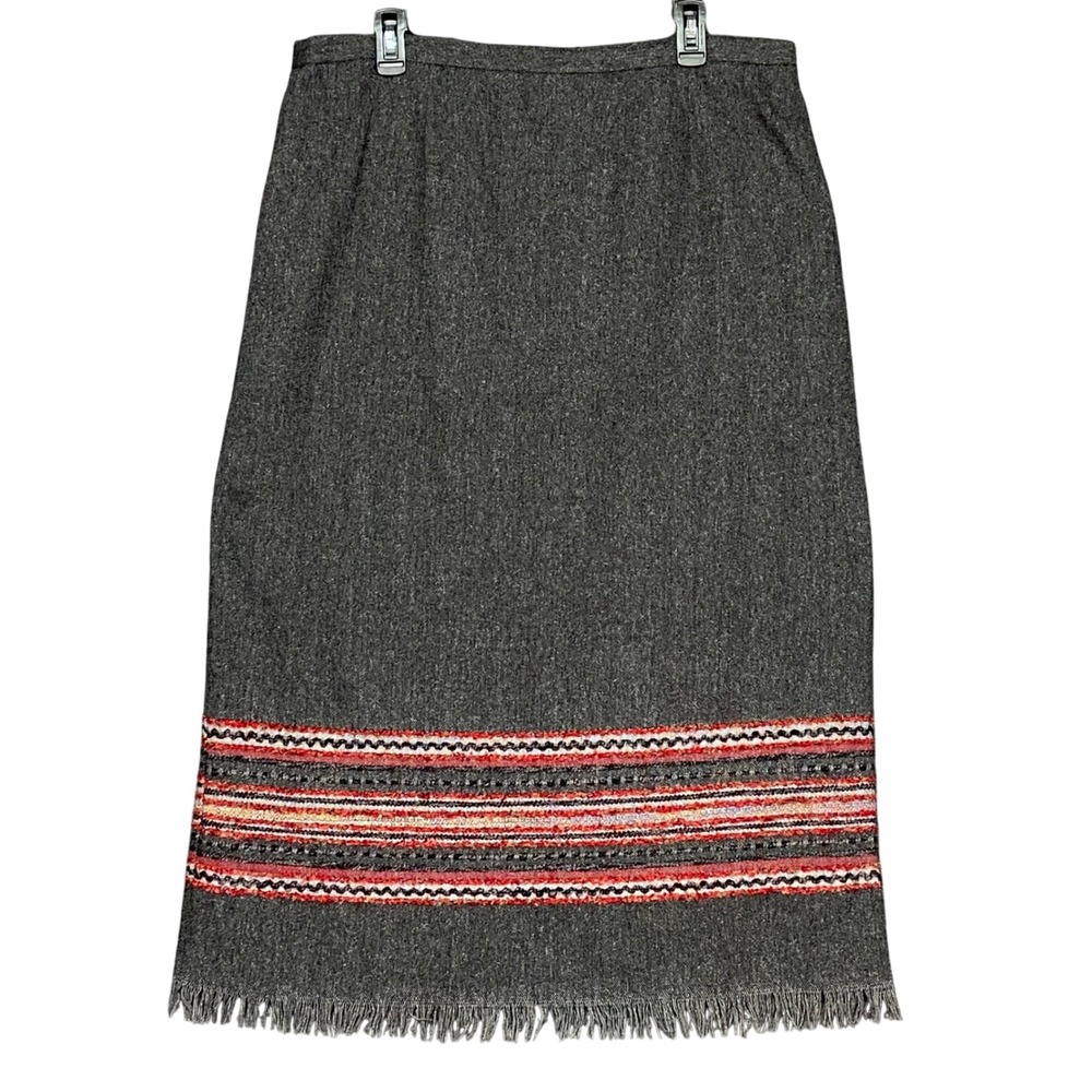 Sag‎ Harbor Wool Blend Heather Gray Midi Skirt Size 18 Embroidered Fringe Trim